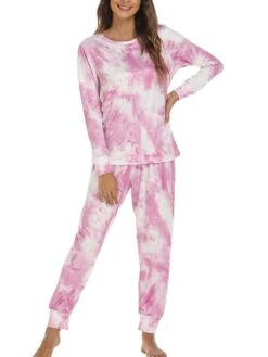 Women's Loungewear Sets Nighty 2 Pieces Tie Dye Comfort Home Daily Polyester Crew Neck Long Sleeve Pant Fall Spring Blue Pink -Ladies Pajamas Store xvsqto1660039852003