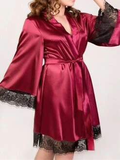 Women's Plus Size Pajamas Bathrobe Silk Robe Pure Color Simple Casual Comfort Home Daily Wedding Party Xmas Satin Breathable V Wire Long Sleeve Summer Fall Black Wine -Ladies Pajamas Store xwqfqo1694164384198