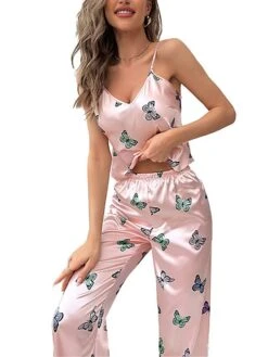 Women's Loungewear Sets 2 Pieces Butterfly Fashion Casual Comfort Street Daily Date Polyester Breathable Straps Sleeveless Pant Fall Winter Pink -Ladies Pajamas Store xxharv1690443711218