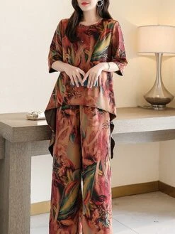 Women's Loungewear Sets Flower Fashion Casual Comfort Street Daily Date Polyester Breathable Crew Neck Short Sleeve T Shirt Tee Pant Pocket Summer Spring Light Green Red -Ladies Pajamas Store xxmuwk1684410515787