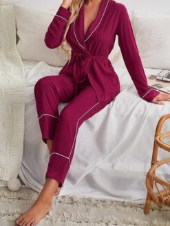 Women's Loungewear Sets Pure Color Casual Comfort Soft Wedding Party Cotton Breathable Lapel Long Sleeve Shirt Pant Elastic Waist Fall Winter Wine