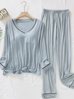 Women's Light Blue Pajamas Sets With Chest Pads Pure Color Simple Casual Comfort Home Daily Bed Modal Breathable Crew Neck Long Sleeve Chest Pads Fall Winter Lotus Pink Pink -Ladies Pajamas Store yauvla1697699914049