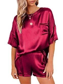Women's Pajamas Pajama Top And Pant Sets Pure Color Simple Casual Soft Home Daily Bed Satin Breathable Crew Neck Short Sleeve T Shirt Tee Shorts Summer Spring Lake Blue Black -Ladies Pajamas Store yboqld1677650316150