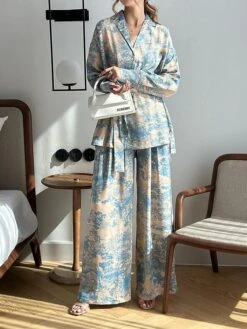 Women's Loungewear Sets Flower Fashion Casual Comfort Home Daily Vacation Polyester Warm Breathable Lapel Long Sleeve Shirt Pant Button Fall Winter Blue -Ladies Pajamas Store ybseuk1693899209409