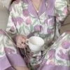 Women's Pajamas Sets Flower Romantic Casual Comfort Home Bed Satin Breathable Lapel Long Sleeve Shirt Pant Button Pocket Fall Winter Purple -Ladies Pajamas Store ydcvxj1697161953009