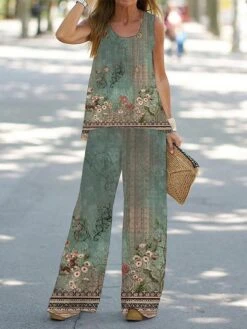 Women's Loungewear Sets 2 Pieces Flower Leaves Casual Comfort Street Daily Polyester Breathable Crew Neck Sleeveless Pullover Pant Summer Spring White Pink