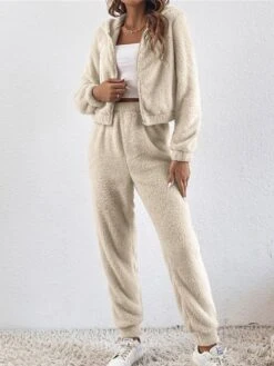 Women's Pajamas Sets Pure Color Warm Fashion Plush Home Daily Bed Polyester Warm Breathable Hoodie Long Sleeve Cardigan Pant Elastic Waist Fall Winter Green Khaki