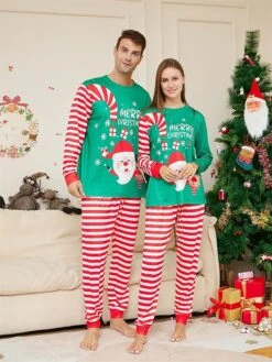 Matching Family Christmas Pajamas Sets Letter Santa Claus Basic Casual Comfort Home Christmas Cotton Breathable Gift Crew Neck Long Sleeve T Shirt Tee Pant Fall Winter Green -Ladies Pajamas Store ydpdxf1697074760936