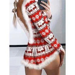 Women's Onesie Christmas Xmas Geometic Snowflake Fashion Plush Comfort Polyester Breathable V Wire Long Sleeve Backless Feather Fall Winter Pink Wine -Ladies Pajamas Store ydvgvd1695281834547