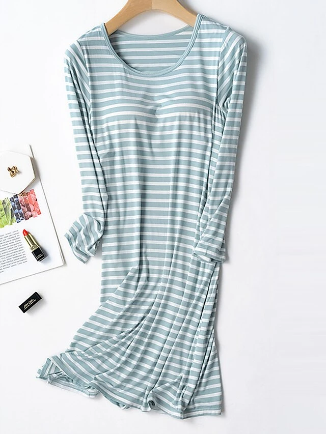 Women's Striped Modal Nightgown With Chest Pads Nightshirt Dress Simple Casual Comfort Home Daily Bed Modal Breathable Crew Neck Long Sleeve Fall Winter Black Pink 11 Women's Striped Modal Nightgown With Chest Pads Nightshirt Dress Simple Casual Comfort Home Daily Bed Modal Breathable Crew Neck Long Sleeve Fall Winter Black Pink - Image 9