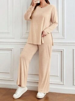 Women's Plus Size Loungewear Sets Pure Color Sport Casual Comfort Home Daily Vacation Rayon Breathable Crew Neck Long Sleeve T Shirt Tee Pant Fall Winter Khaki -Ladies Pajamas Store yewyul1694164354042