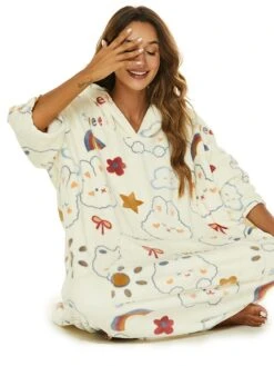 Women's Robes Gown Cartoon Comfort Home Polyester Comfort Hoodie Short Sleeve Pullover Pocket Hoodie Summer Beige