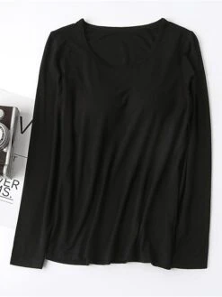 Women's Pink Pajama Top With Chest Pads Loungewear Top Pure Color Fashion Casual Comfort Street Daily Bed Modal Breathable Crew Neck Long Sleeve Fall Winter Black White -Ladies Pajamas Store ygidrt1697699922982