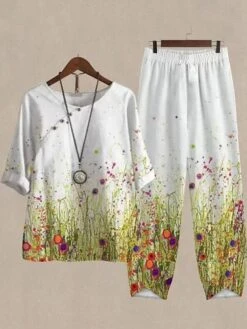Women's 2 Piece Loungewear Sets Top And Pant Sets Flower Fashion Casual Soft Home Daily Bed Polyester Breathable Crew Neck Half Sleeve T Shirt Tee Pant Summer Spring Green