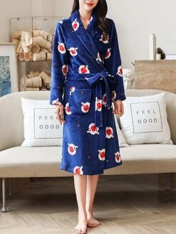 Women's Pajamas Robe Robes Gown Animal Warm Fashion Casual Home Daily Bed Flannel Warm Breathable V Wire Long Sleeve Robe Top Pocket Belt Included Fall Winter Dark Blue -Ladies Pajamas Store yhajda1693467421520