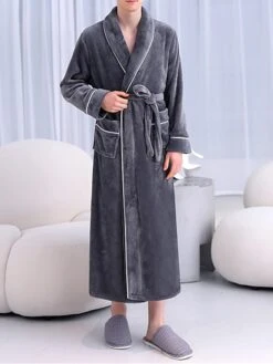 Couple‘s Flannel Bathrobe Pajamas Patchwork Warm Simple Plush Home Bed Warm Breathable V Wire Long Sleeve Pocket Fall Winter -Ladies Pajamas Store yiphfq1696232035534