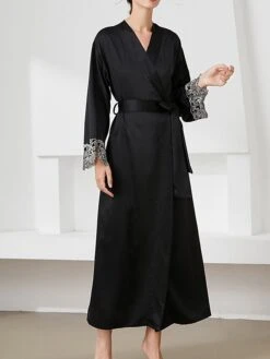 Women's Satin Silk Bathrobe Robe Embroidered Lace Decoration Long Sleeve Nightgown Pure Color Fashion Casual Comfort Home Daily Bed Summer Fall Black Pink -Ladies Pajamas Store yiqehz1689506613843