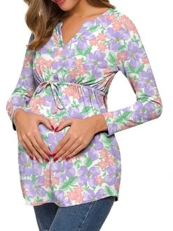 Women's Maternity Tops Pregnancy Shirts Floral Pattern Casual Comfort Pastoral Home Daily Vacation Cotton Breathable V Wire Long Sleeve Fall Winter White Light Green -Ladies Pajamas Store yirsod1695281853612