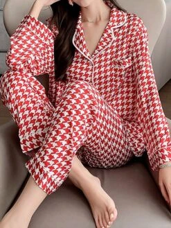 Women's Loungewear Sets Grid / Plaid Fashion Comfort Soft Home Daily Bed Ice Silk Breathable Lapel Long Sleeve Shirt Pant Button Pocket Fall Winter Black Pink -Ladies Pajamas Store yjhowh1694766973198