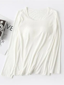 Women's Pink Pajama Top With Chest Pads Loungewear Top Pure Color Fashion Casual Comfort Street Daily Bed Modal Breathable Crew Neck Long Sleeve Fall Winter Black White -Ladies Pajamas Store ykfqtb1697699924376