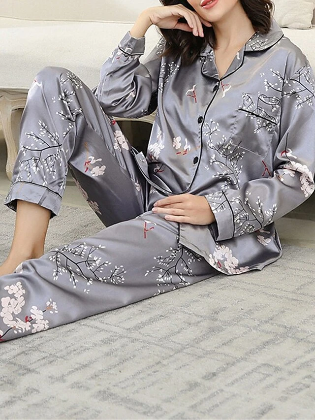 Women's Pajamas Sets Flower Fashion Comfort Soft Home Daily Bed Satin Breathable Lapel Long Sleeve Shirt Pant Button Pocket Fall Winter Black Gray 4 Women's Pajamas Sets Flower Fashion Comfort Soft Home Daily Bed Satin Breathable Lapel Long Sleeve Shirt Pant Button Pocket Fall Winter Black Gray - Image 2