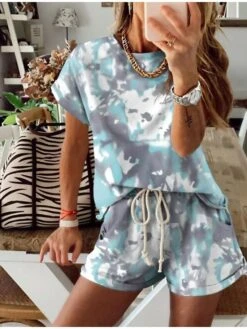 Women's Loungewear Sets Tie Dye Sport Casual Comfort Home Street Daily Cotton Breathable Crew Neck Short Sleeve T Shirt Tee Shorts Pocket Summer Spring White Yellow -Ladies Pajamas Store ykwanp1620700495086
