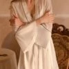 Women's Satin Silk Bathrobe Nightgown Nightshirt Dress 2 Pieces Pure Color Comfort Soft Sweet Home Daily Bed Breathable V Wire Long Sleeve Backless Hole Fall Winter Black White