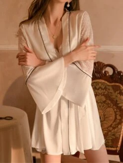 Women's Satin Silk Bathrobe Nightgown Nightshirt Dress 2 Pieces Pure Color Comfort Soft Sweet Home Daily Bed Breathable V Wire Long Sleeve Backless Hole Fall Winter Black White