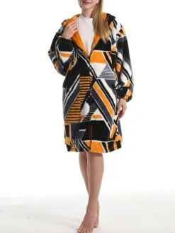 Women's Robe Geometic Plush Casual Comfort Home Daily Bed Flannel Warm Breathable Hoodie Long Sleeve Pocket Fall Winter Orange -Ladies Pajamas Store ykymhk1695373708004