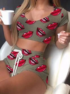 Women's Sexy Lingerie Sets Lip Lovers Hot Comfort Home Daily Bed Polyester Breathable Crew Neck Short Sleeve Crop Top Shorts Summer Spring Black White -Ladies Pajamas Store ylblyp1680599072208