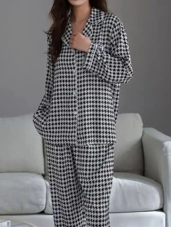 Women's Loungewear Sets Grid / Plaid Fashion Comfort Soft Home Daily Bed Ice Silk Breathable Lapel Long Sleeve Shirt Pant Button Pocket Fall Winter Black Pink -Ladies Pajamas Store ymiyyf1694766966793