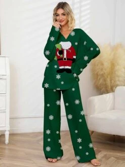 Women's Christmas Pajamas Sets Santa Claus Snowflake Warm Comfort Soft Home Christmas Daily Polyester Gift V Wire Long Sleeve Pant Fall Winter Wine Green -Ladies Pajamas Store ynhrfd1697701129192