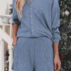 Women's Loungewear Sets Pure Color Casual Comfort Soft Home Street Daily Knit Breathable Lapel Long Sleeve Shirt Shorts Button Pocket Fall Winter Light Blue Black -Ladies Pajamas Store ynjbkq1693986199969