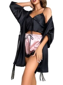 Women's Pajamas Sets 3 Pieces Pure Color Simple Casual Soft Home Daily Bed Polyester Breathable V Wire Long Sleeve Elastic Waist Spring Summer Black -Ladies Pajamas Store ynllbh1676281774756