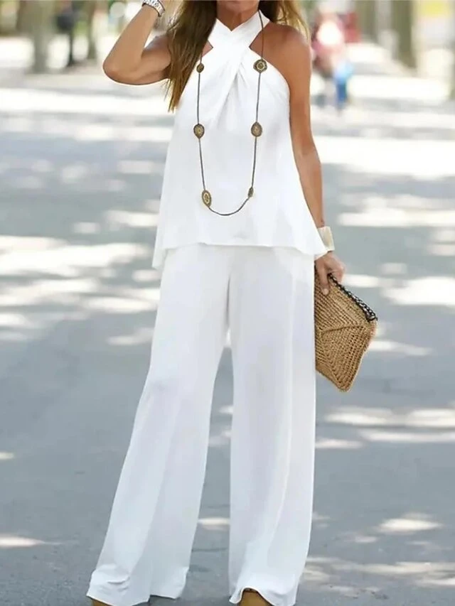 Women's Loungewear Sets Pure Color Simple Casual Comfort Street Daily Date Polyester Breathable Halter Sleeveless Tank Top And Wide Leg Pants Summer Spring White Navy Blue 3 Women's Loungewear Sets Pure Color Simple Casual Comfort Street Daily Date Polyester Breathable Halter Sleeveless Tank Top And Wide Leg Pants Summer Spring White Navy Blue