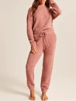 Women's Pajamas Sets Pure Color Warm Fashion Casual Home Daily Bed Polyester Breathable Crew Neck Long Sleeve Pant Fall Winter White Pink -Ladies Pajamas Store ynujru1692348321279