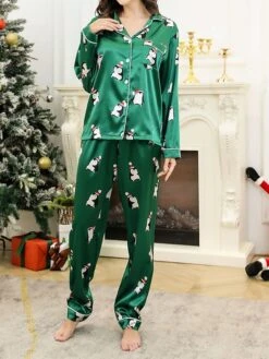 Women's Christmas Pajamas Sets Animal Penguin Simple Casual Comfort Home Bed Satin Breathable Lapel Long Sleeve Shirt Pant Button Pocket Fall Winter Green