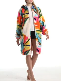 Women's Robe Leaves Plush Casual Comfort Home Daily Bed Flannel Warm Breathable Hoodie Long Sleeve Pocket Fall Winter Beige