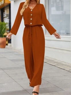 Women's Plus Size Loungewear Sets Pure Color Simple Casual Comfort Home Daily Vacation Cotton And Linen Breathable V Wire Long Sleeve Shirt Pant Button Fall Winter Wine Blue -Ladies Pajamas Store yodoaa1693467399094