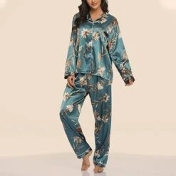 Women's Pajamas Sets Pjs 2 Pieces Flower Simple Hot Comfort Party Home Daily Satin Lapel Long Sleeve Shirt Pant Elastic Waist Fall Spring 6003 6020 -Ladies Pajamas Store yojdre1665566660962