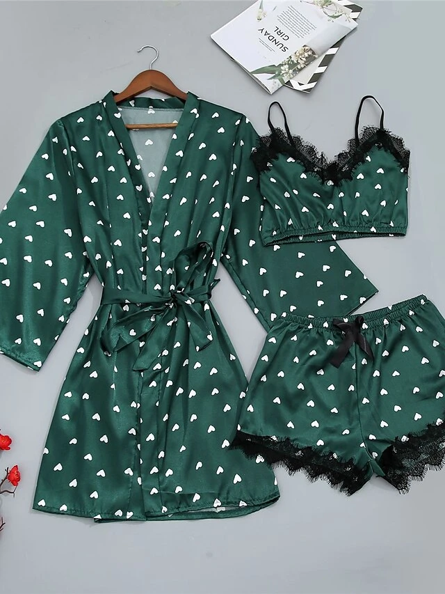 Women's Satin Heart Print Lace PJ Sets 3 Pcs Bathrobe Cami Top And Bow Tie Front Shorts Casual Comfort Soft Home Daily Bed Polyester Breathable Summer Fall White Wine 5 Women's Satin Heart Print Lace PJ Sets 3 Pcs Bathrobe Cami Top And Bow Tie Front Shorts Casual Comfort Soft Home Daily Bed Polyester Breathable Summer Fall White Wine - Image 3