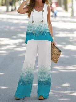 Women's Loungewear Sets 2 Pieces Crew Neck Tank Top And Wide Leg Pants Floral Print Casual Comfort Street Daily Polyester Breathable Summer Spring Light Green Green