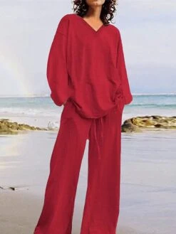 Women's Plus Size Loungewear Sets 2 Pieces Pure Color Fashion Casual Comfort Street Daily Date Cotton Breathable V Wire Long Sleeve Pant Summer Fall Yellow Pink -Ladies Pajamas Store yovmla1689326423154