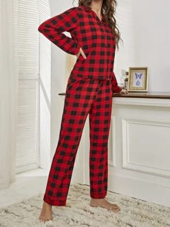 Women's Christmas Pajamas Sets Grid / Plaid Casual Comfort Soft Home Xmas Daily Bed Polyester Breathable Lapel Long Sleeve Shirt Pant Elastic Waist Fall Winter Red -Ladies Pajamas Store ypwlvp1692348324755