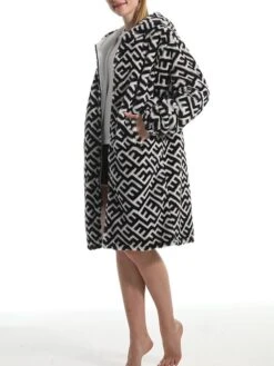 Women's Robe Geometic Plush Casual Comfort Home Daily Bed Flannel Warm Breathable Hoodie Long Sleeve Pocket Fall Winter Black -Ladies Pajamas Store ysplkl1695373706838