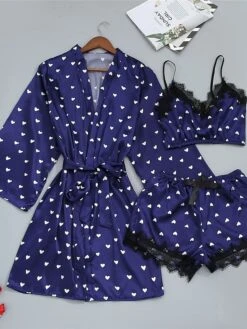 Women's Satin Heart Print Lace PJ Sets 3 Pcs Bathrobe Cami Top And Bow Tie Front Shorts Casual Comfort Soft Home Daily Bed Polyester Breathable Summer Fall White Wine 15 Women's Satin Heart Print Lace PJ Sets 3 Pcs Bathrobe Cami Top And Bow Tie Front Shorts Casual Comfort Soft Home Daily Bed Polyester Breathable Summer Fall White Wine -Ladies Pajamas Store yssapw1688111257347