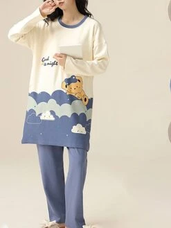 Women's Cotton Pajamas Sets Letter Panda Casual Comfort Home Bed Breathable Crew Neck Long Sleeve Pullover Pant Pocket Fall Winter White Yellow -Ladies Pajamas Store ytddxu1696923347144