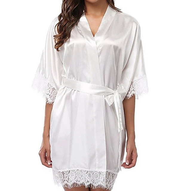 Women's Robes Gown Sets Bathrobes Nighty 1 PCS Pure Color Satin Simple Casual Home Party Wedding Party Spandex Gift Half Sleeve Lace Belt Included Spring Summer White Black 5 Women's Robes Gown Sets Bathrobes Nighty 1 PCS Pure Color Satin Simple Casual Home Party Wedding Party Spandex Gift Half Sleeve Lace Belt Included Spring Summer White Black - Image 3