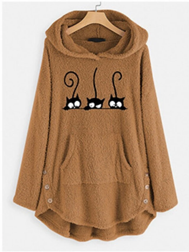 Women's Loungewear Top Cat Fashion Plush Halloween Street Date Fleece Breathable Hoodie Long Sleeve Button Pocket Fall Winter Lotus Pink Black 7 Women's Loungewear Top Cat Fashion Plush Halloween Street Date Fleece Breathable Hoodie Long Sleeve Button Pocket Fall Winter Lotus Pink Black - Image 5