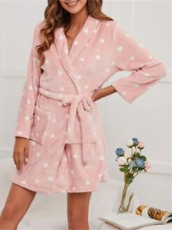 Women's Plush Pajamas Bathrobe Robes Gown Heart Casual Comfort Home Daily Bed Flannel Warm Lapel Long Sleeve Fall Winter Pink -Ladies Pajamas Store yvnbvt1691478726682